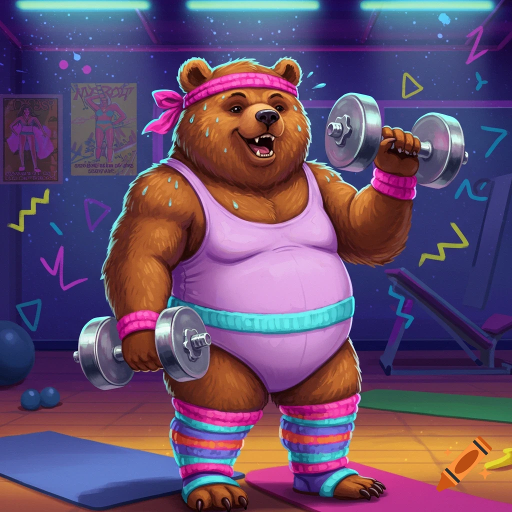 A chunky bear in 80s workout clothes, including a pink headband and purple leotard, lifts dumbbells in a neon-lit gym.