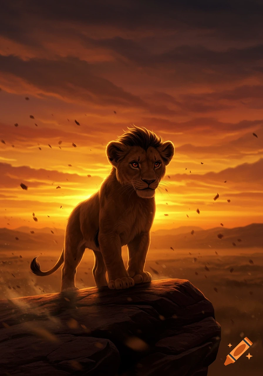 An illustrated lion cub stands on a rock silhouetted against a dramatic orange and red sunset sky with dust in the air.