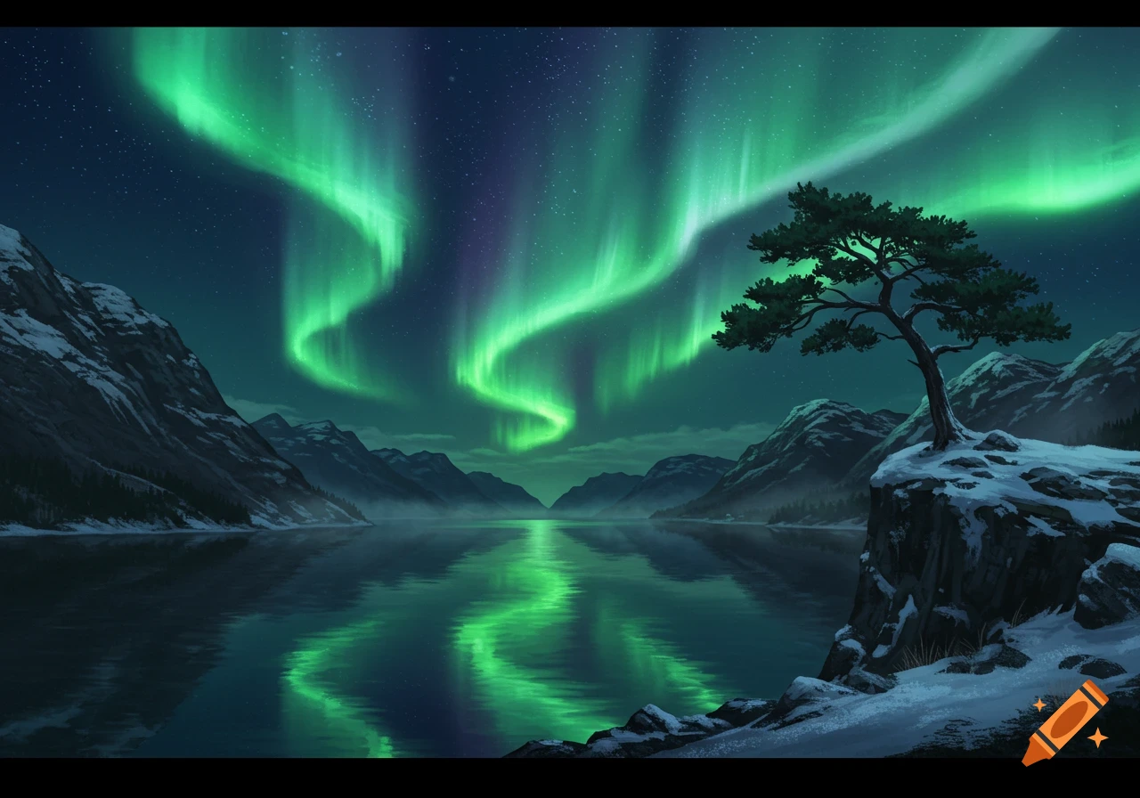 Digital illustration of the green aurora borealis reflecting over a serene lake, flanked by snowy mountains and a lone tree on a cliff.
