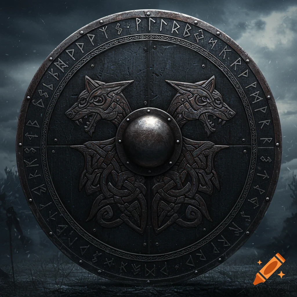 A dark, ornate Viking shield featuring two snarling wolf heads and runic symbols around the border, set against a stormy sky.