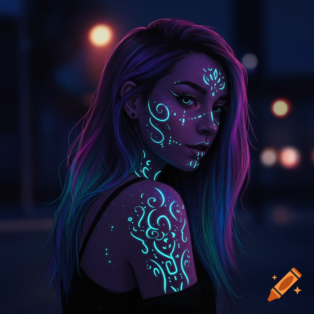 Woman with glowing blue-green tribal patterns on her face, neck, and shoulder, with long purple and teal hair.