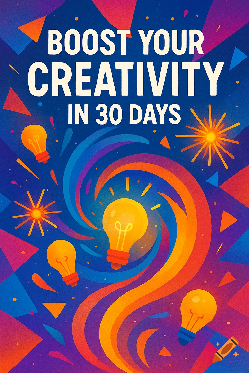 Vibrant abstract illustration with 'BOOST YOUR CREATIVITY IN 30 DAYS' text, light bulbs, and colorful swirling patterns on a dark blue background.