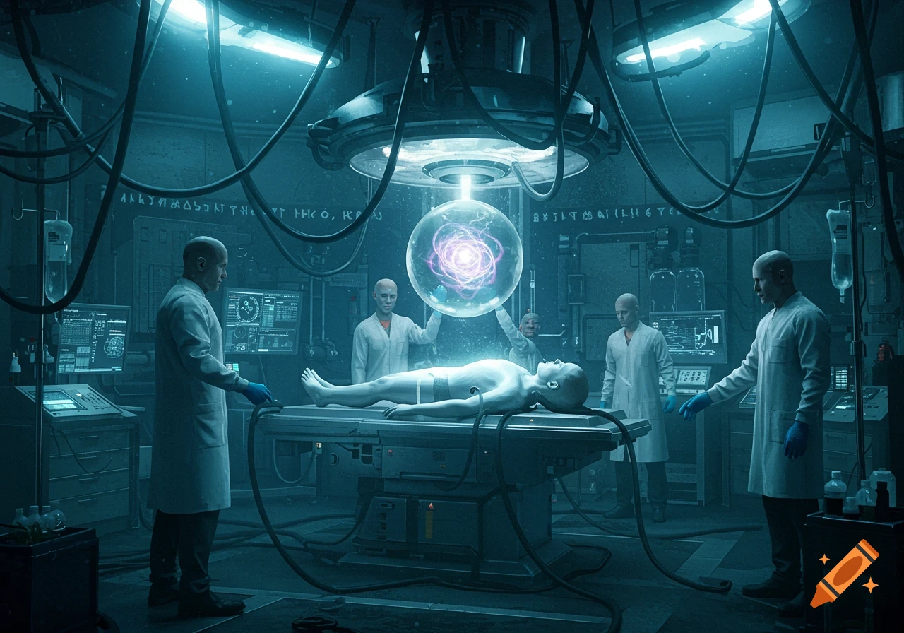 Scientists in a dark, glowing blue futuristic laboratory attempt to transfer energy into a human-like figure on an operating table.