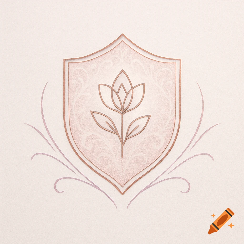 Minimalist rose gold shield logo with a stylized flower inside and delicate purple flourishes on a light background.