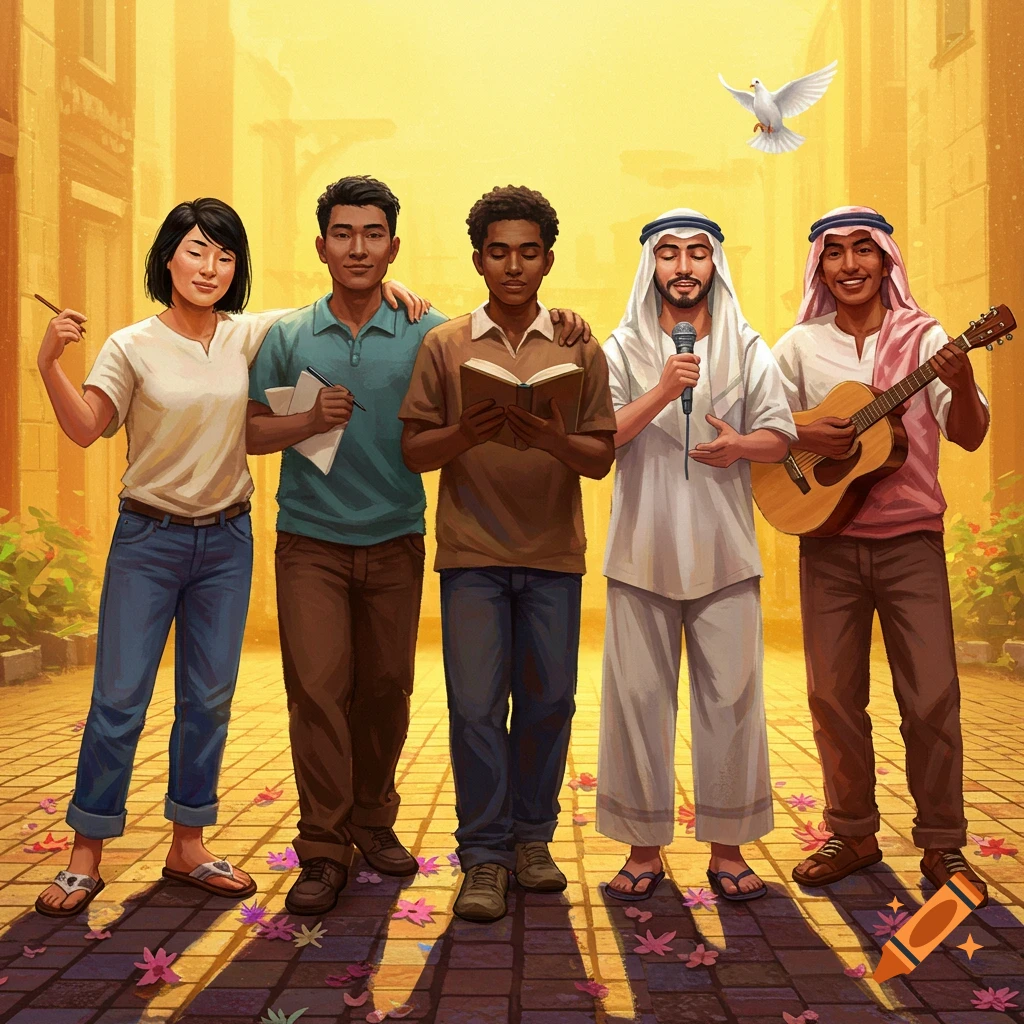 Five diverse men and women stand together in an alleyway, smiling. One holds a pen and paper, one a book, one a microphone, and one a guitar. A white dove flies overhead.