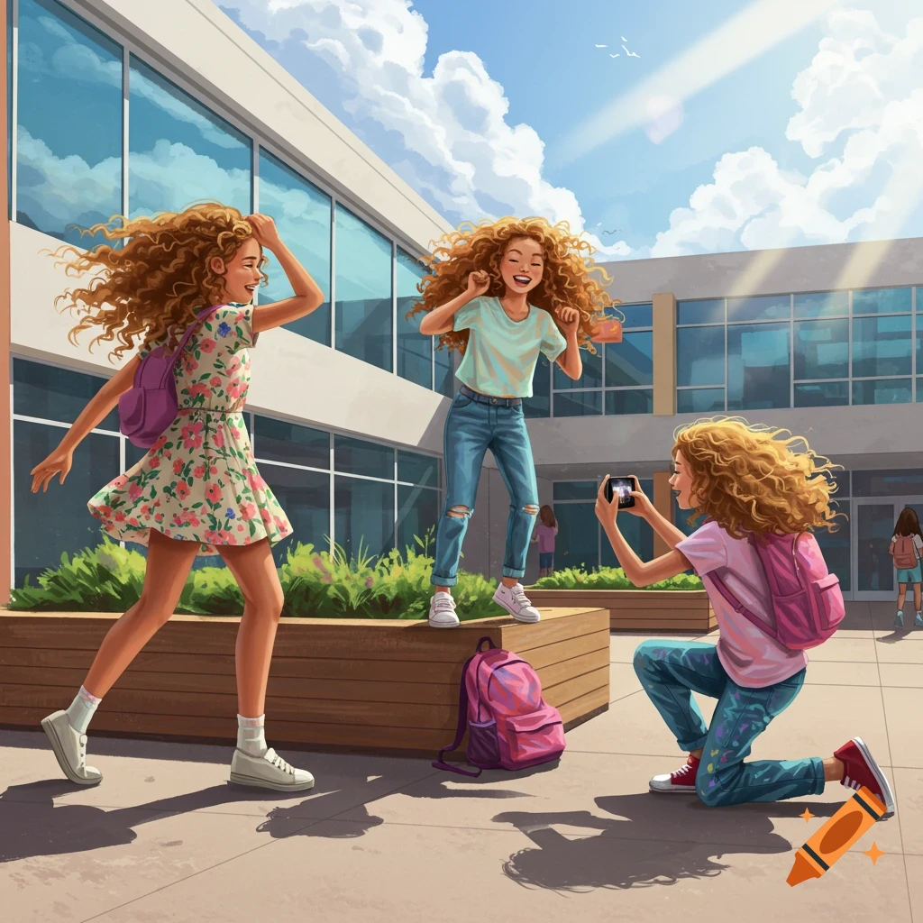 Three cheerful girls with curly hair take photos and play outside a modern school in a bright illustration.