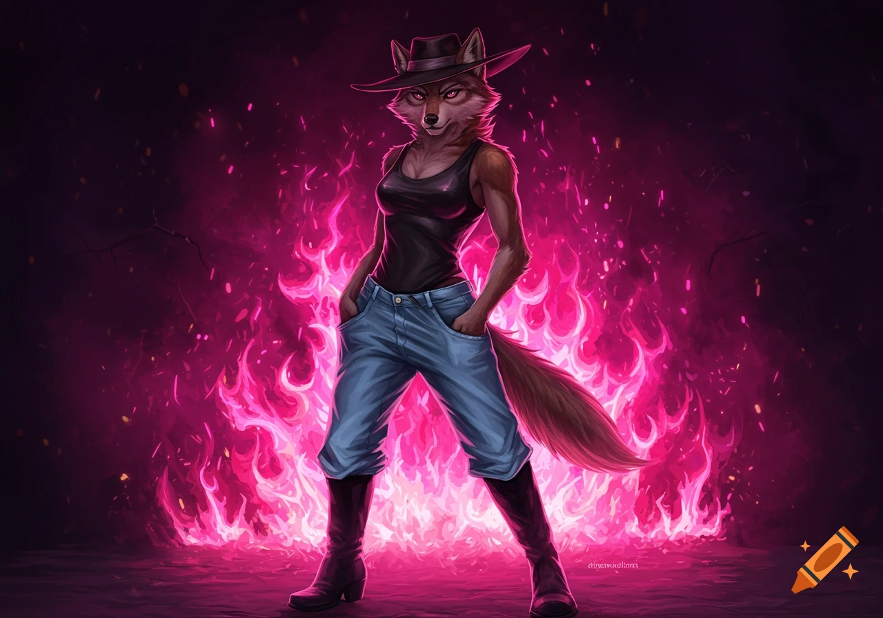 Anthropomorphic female wolf in a tank top, jeans, boots, and cowboy hat, standing confidently before vibrant pink flames.