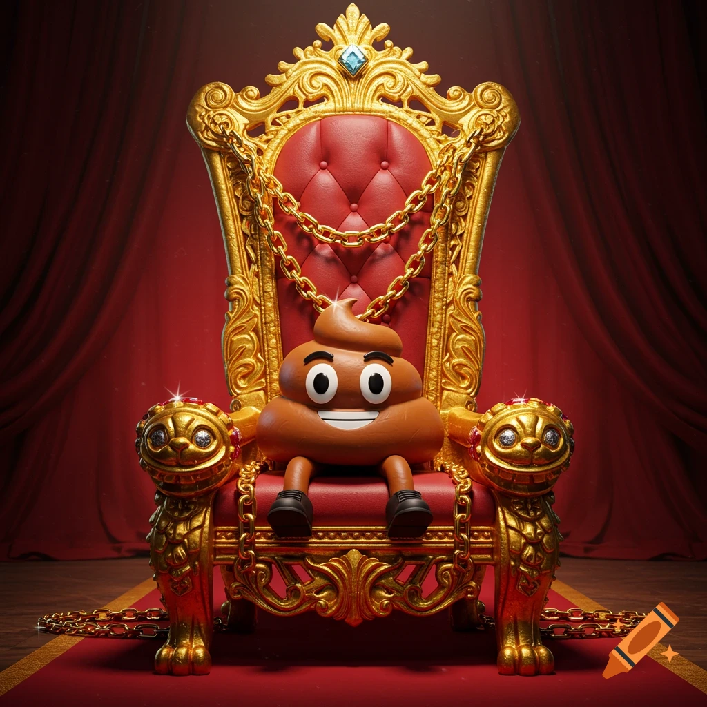 A smiling poop emoji sits on a luxurious golden throne draped with gold chains, against a red curtain background. Cartoonish style.