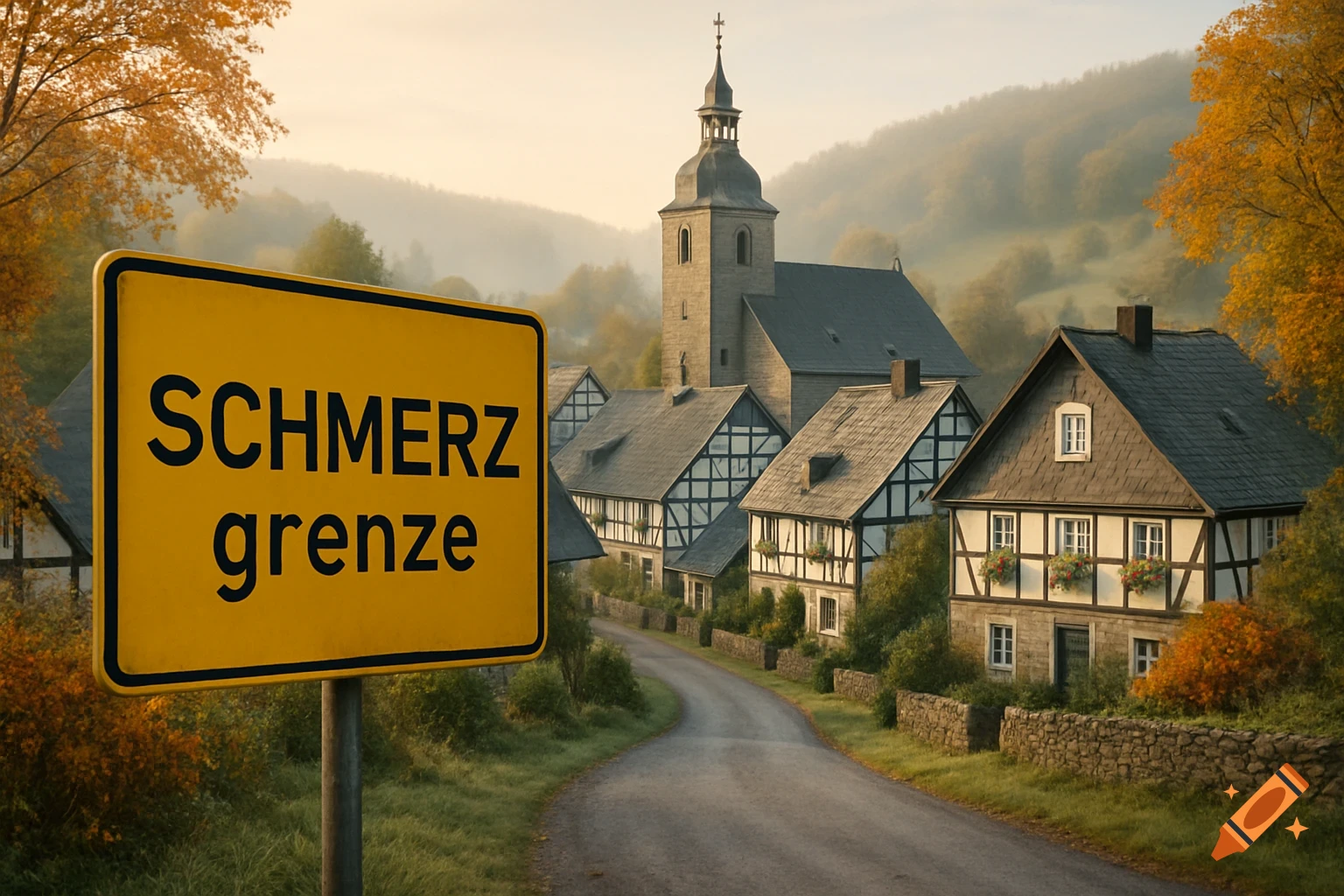 A yellow sign with "SCHMERZ grenze" stands on a winding road leading to a picturesque village with a church and traditional houses during autumn, in a photorealistic style.