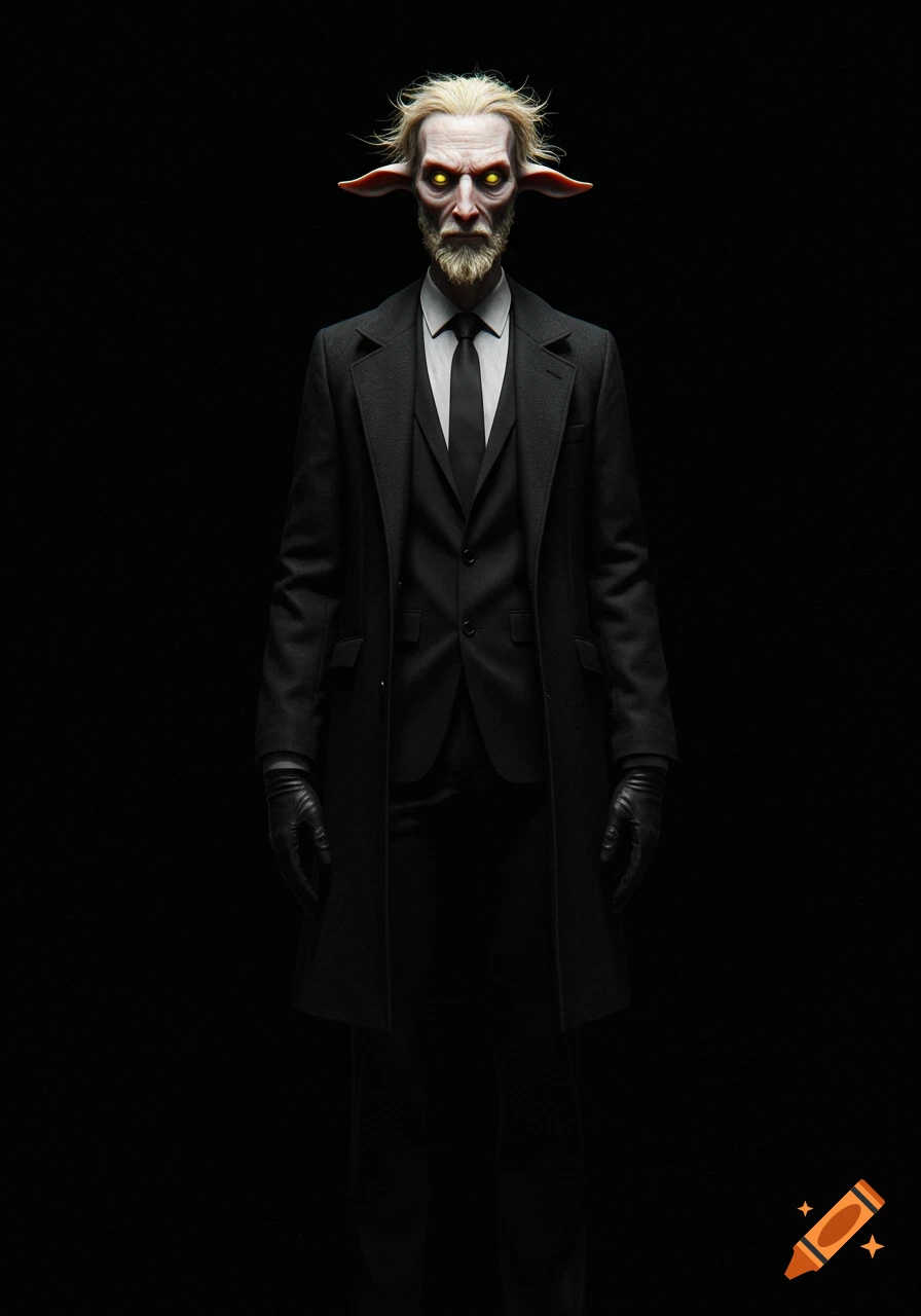 A gaunt, pale man with glowing yellow eyes, large pointed ears, white hair, and a beard, wearing a severe black suit and overcoat, stands in a black void. Photorealistic.