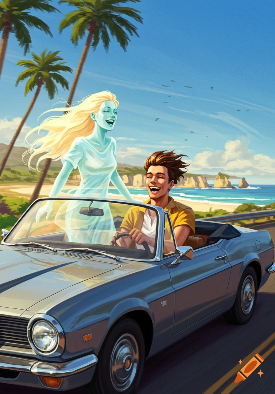 An illustrated man drives a classic convertible car with a laughing ghost woman on a sunny coastal road with palm trees.
