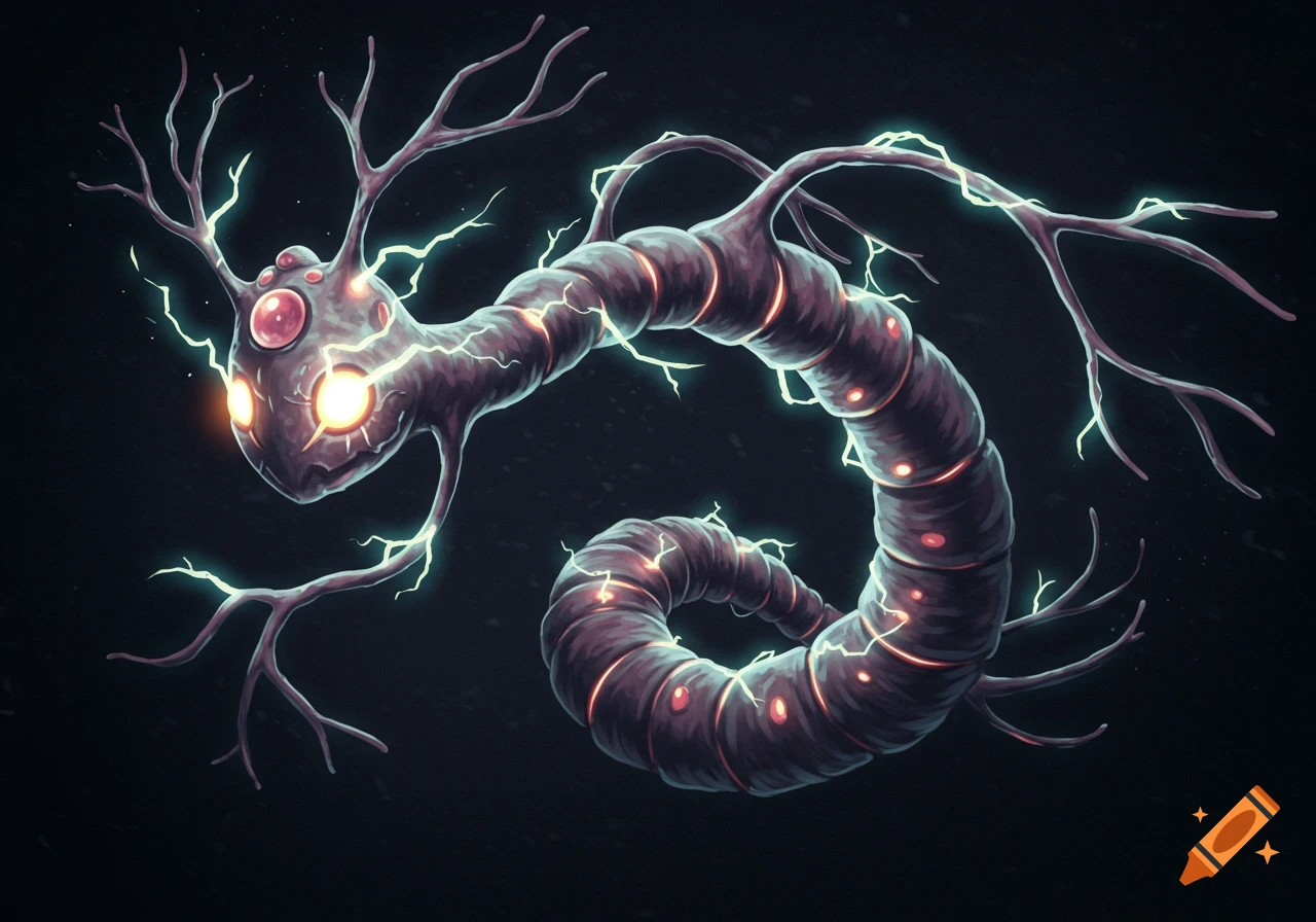 A dark, neuron-like creature with glowing eyes and electrical impulses, resembling a Pokémon, on a dark background.