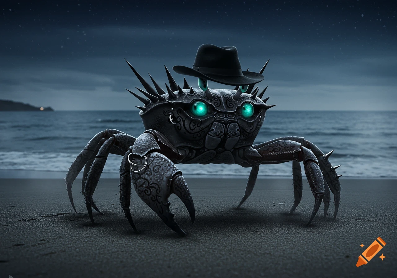 A photorealistic dark, spiky, goth crab with glowing blue eyes and a black fedora stands on a sandy beach at night.