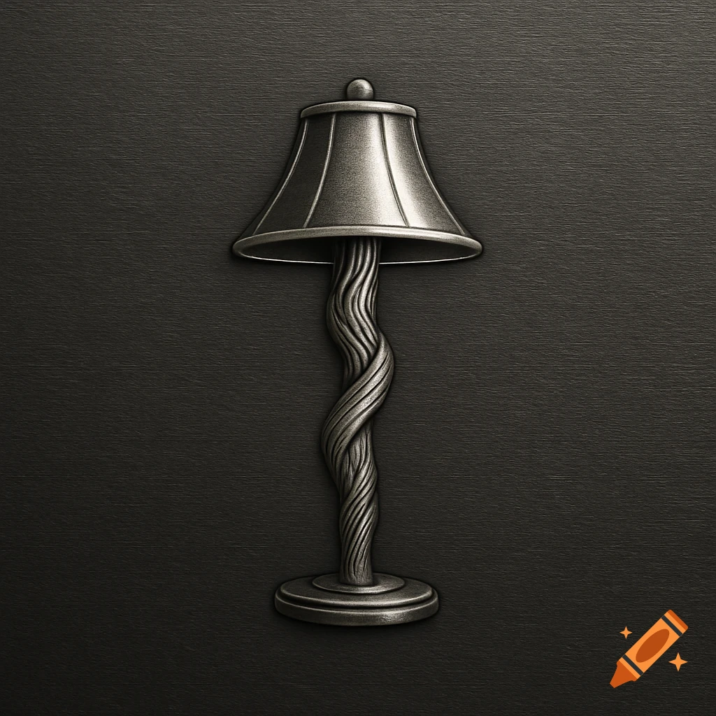 A monochrome metallic relief of a stylized lamp with a twisted stem and bell shade on a dark textured background.
