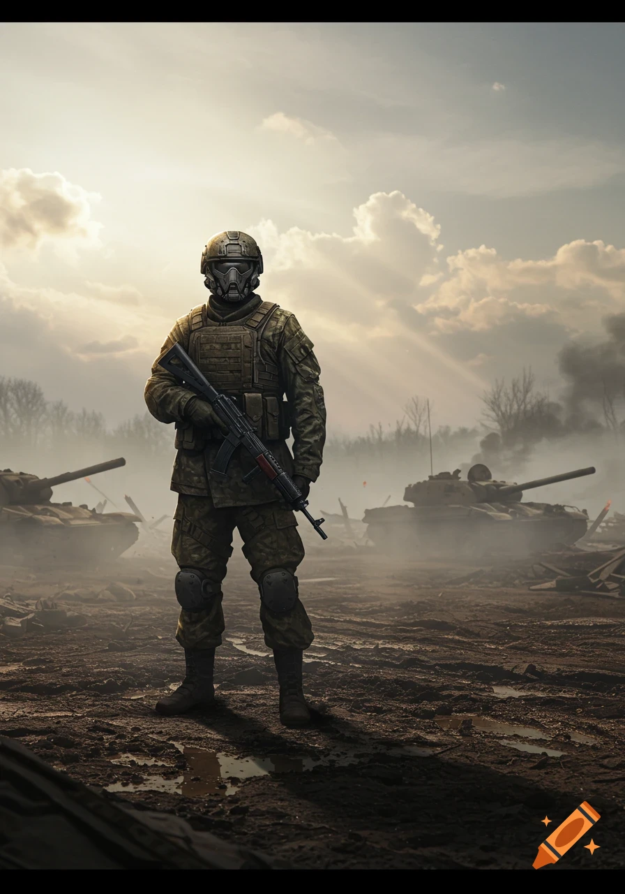 A heavily armored soldier in camouflage, wearing a futuristic helmet, stands in a muddy, smoke-filled battlefield with tanks in the background.