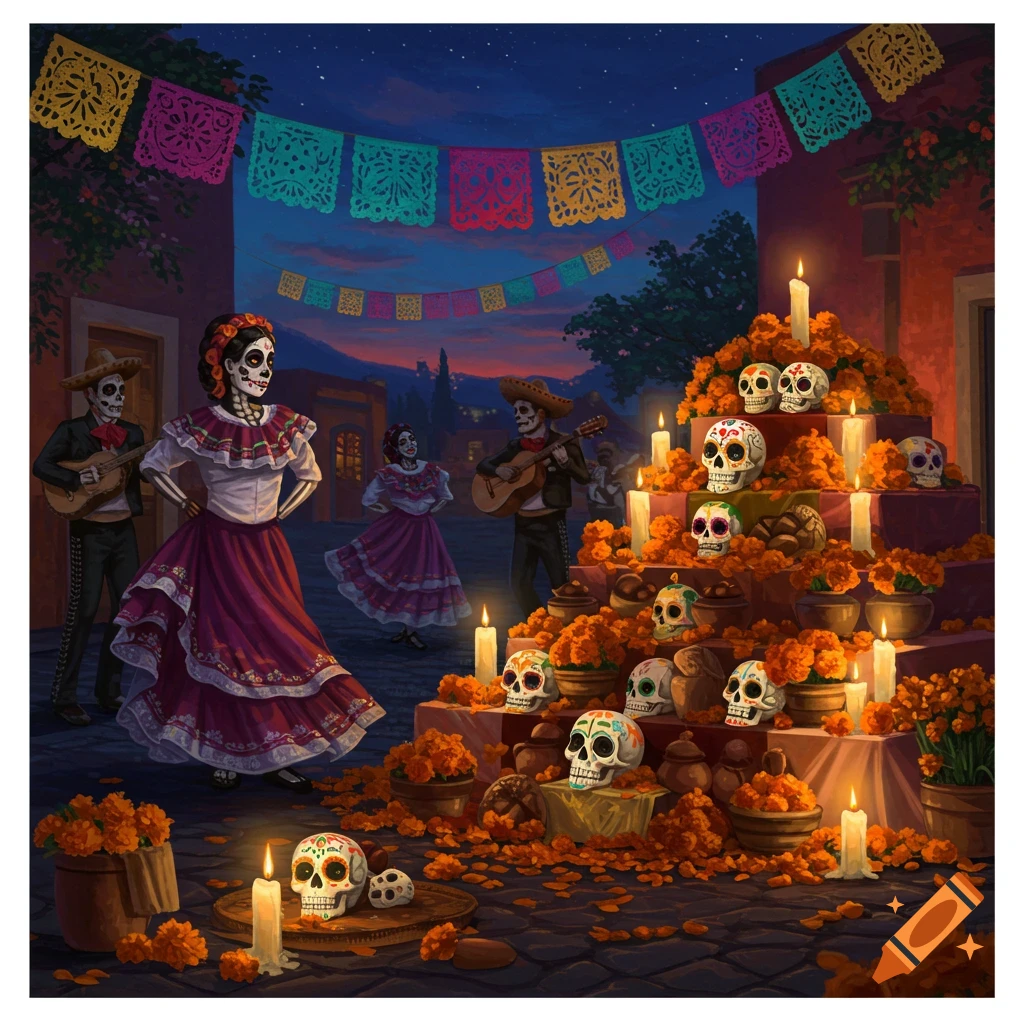 A vibrant Day of the Dead celebration at night with people dressed as skeletons, an altar of marigolds and sugar skulls, and colorful papel picado banners.