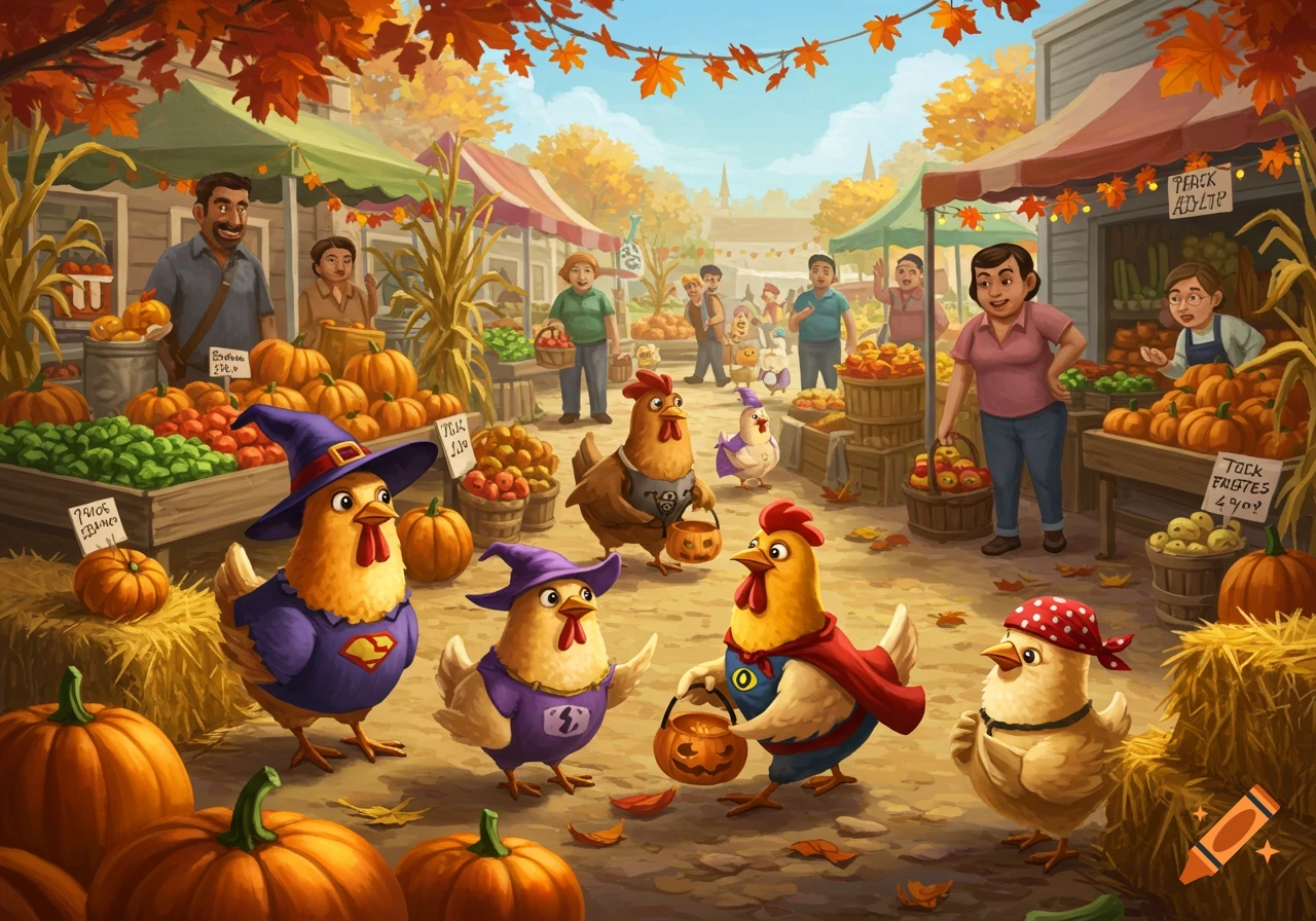 Cartoon scene of chickens in superhero and witch costumes trick-or-treating at an outdoor farmer's market filled with pumpkins and produce, under autumn trees.