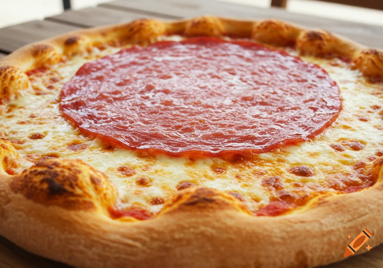 Photorealistic image of a pizza with a large, round slice of salami on melted cheese and tomato sauce, on a wooden table.