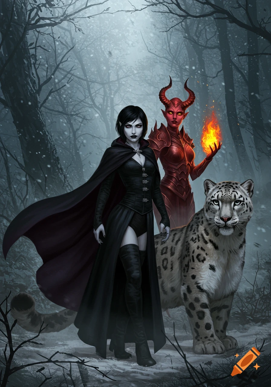 A short black-haired gothic vampire, a red devil, and a snow leopard stand in a snowy forest.