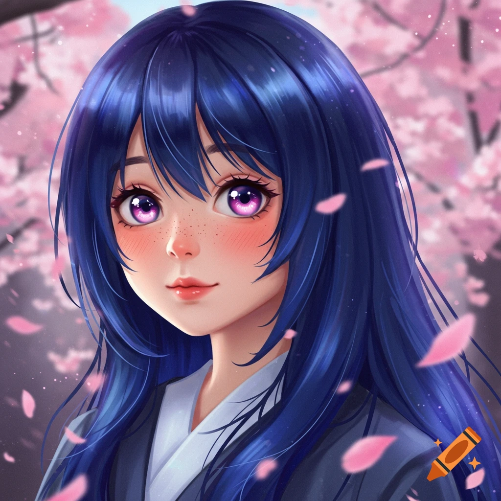 Anime girl with dark blue hair, pink eyes, freckles, and blushing cheeks, surrounded by pink cherry blossoms.