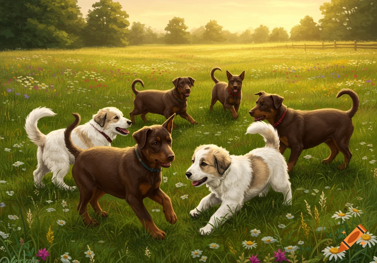 Several playful puppies run and interact in a sun-drenched, grassy field filled with wildflowers and trees.