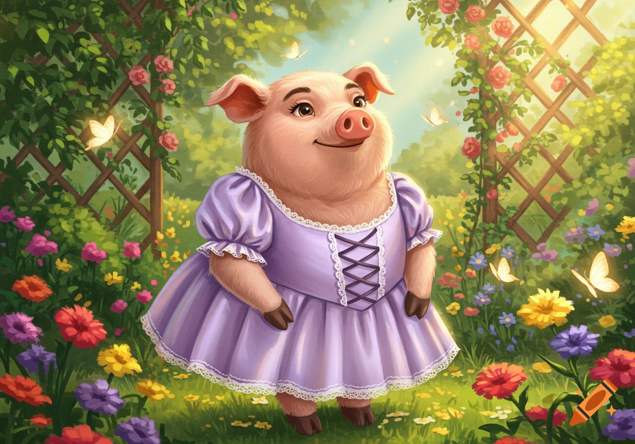 A cute, anthropomorphic pig in a lavender dress stands in a vibrant garden filled with colorful flowers and butterflies, in an illustrative style.