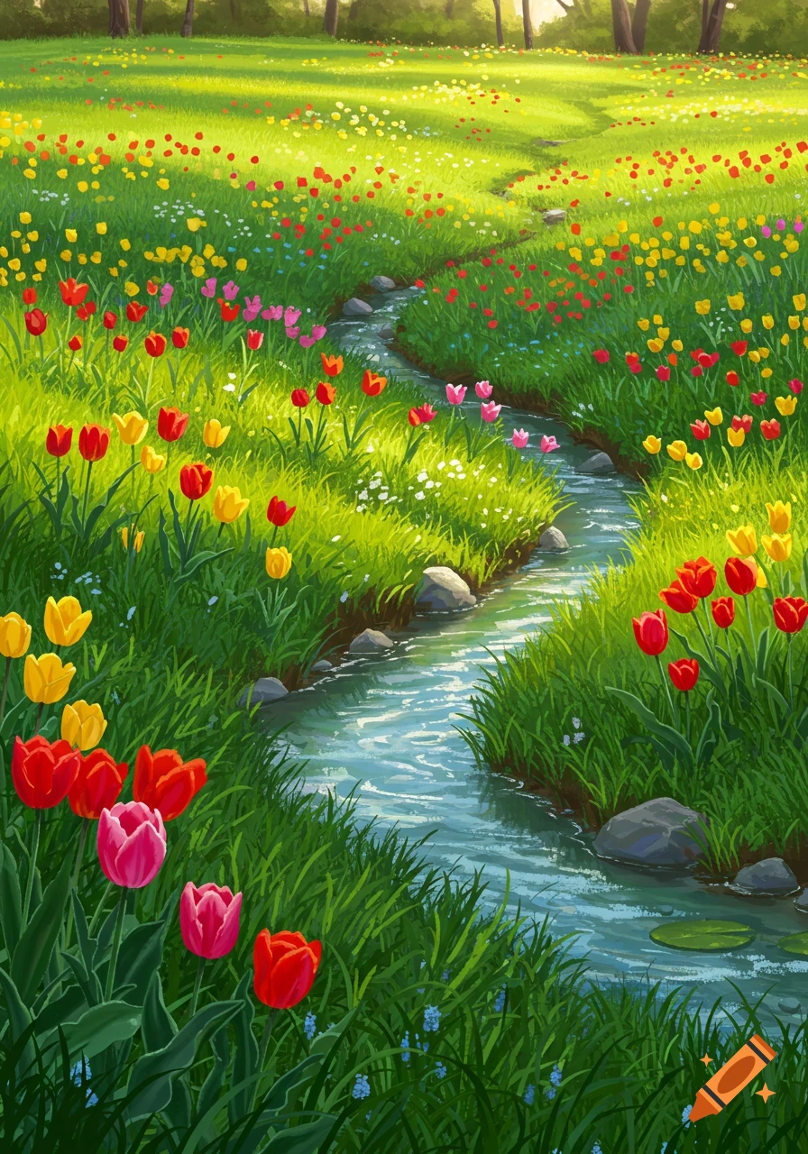 A vibrant, stylized flower meadow filled with red, yellow, and pink tulips, with a winding stream under warm sunlight.