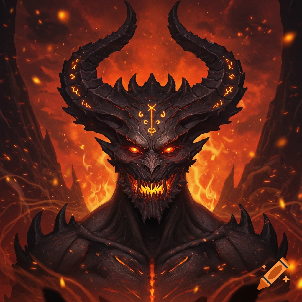 A close-up of a demonic creature with glowing red eyes, sharp teeth, horns with glowing runes, and a dark, scaly body, against a fiery, hellish background.