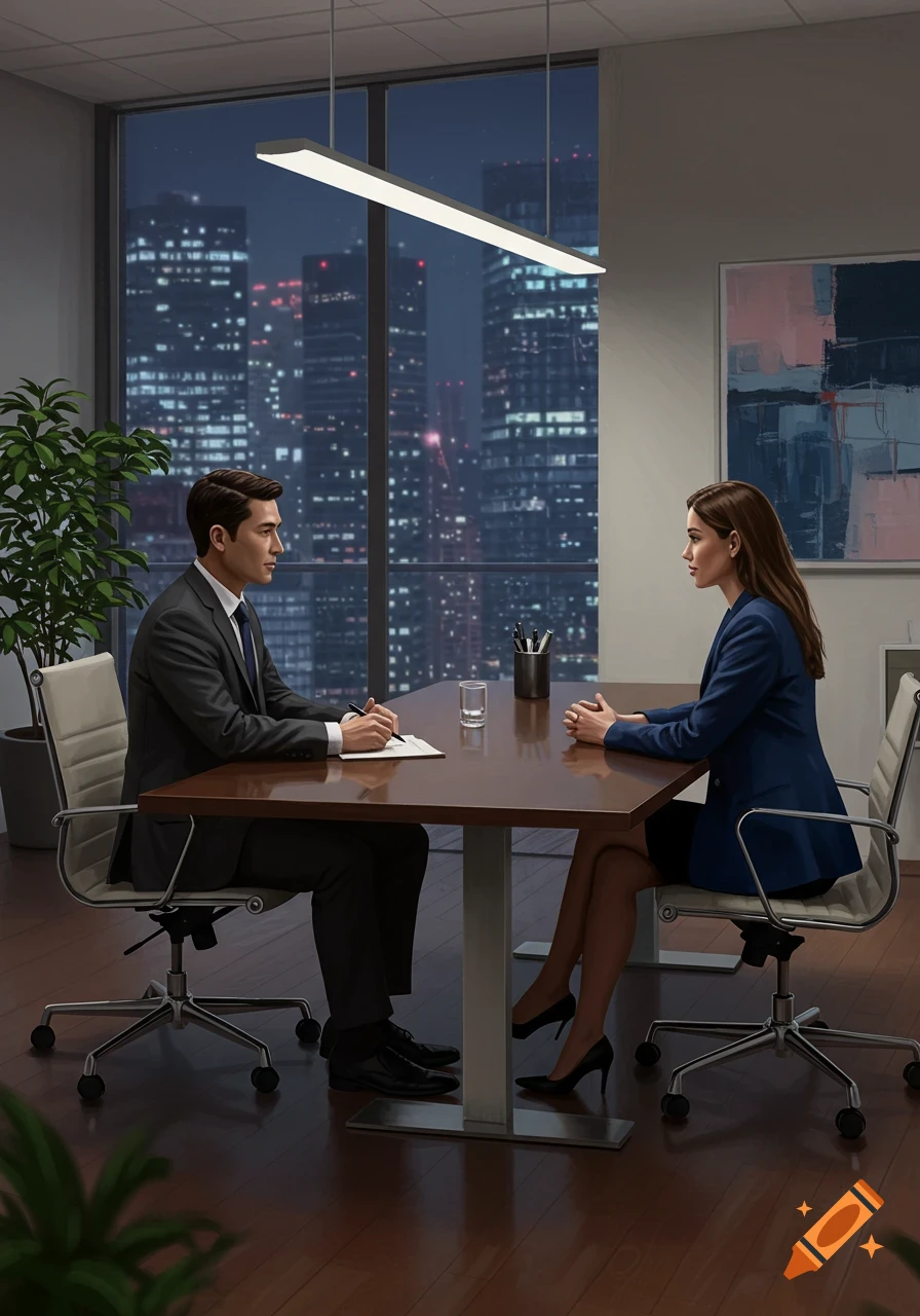 A man and woman in business attire interview in a modern office with a city skyline view at night.