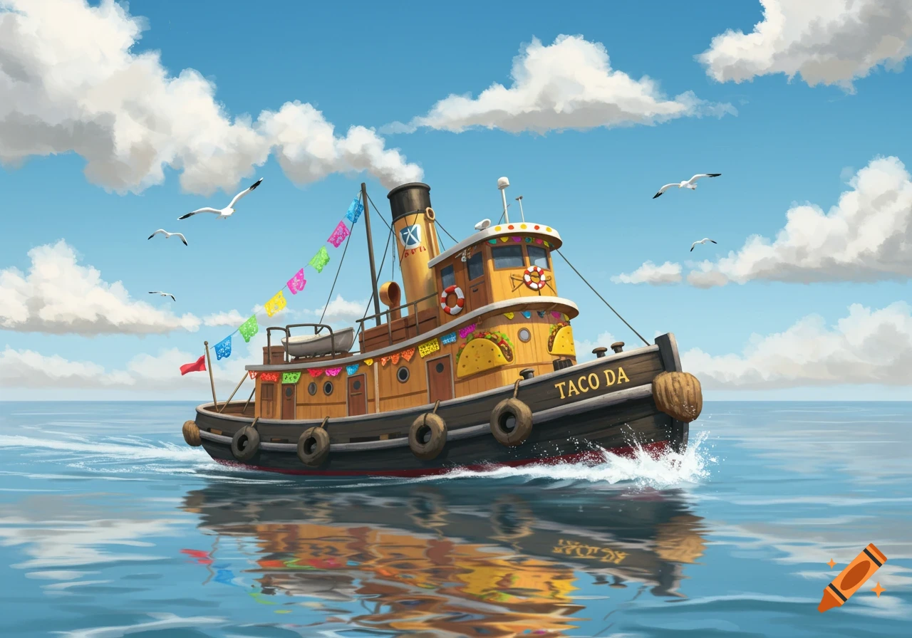 A cartoon tugboat named 'Taco Da,' decorated with tacos and colorful flags, sails on bright blue water under a cloudy sky.