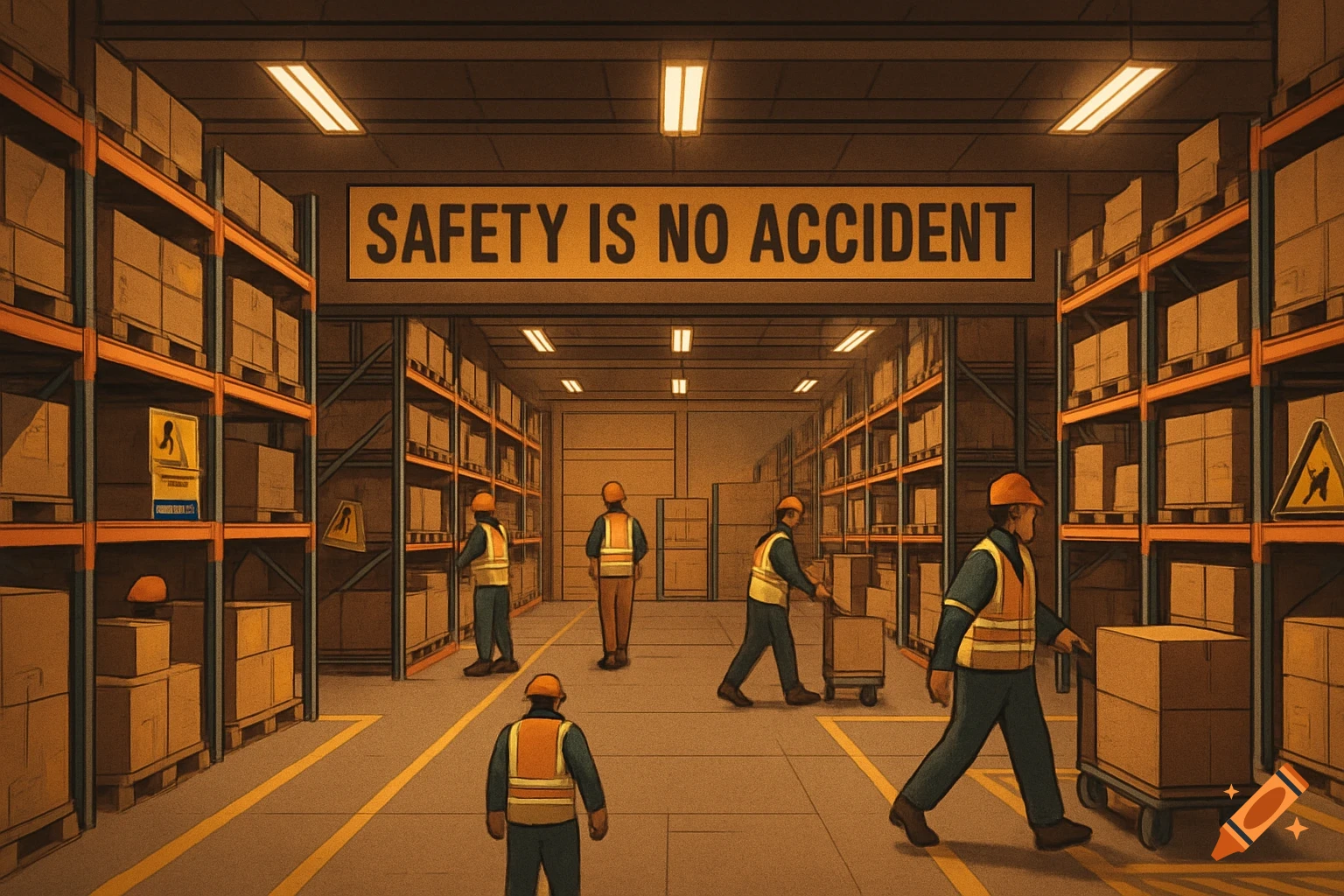 Illustrated view of a busy warehouse aisle with workers moving boxes and a sign reading 'SAFETY IS NO ACCIDENT'.