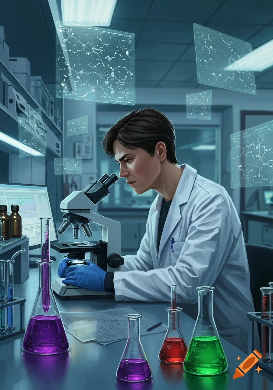 A male scientist in a white lab coat examines a sample under a microscope in a laboratory, with chemical flasks and glowing holographic displays around him.