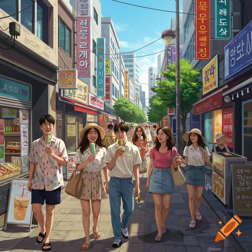 An illustrated street scene with a group of young Korean people happily walking, eating popsicles and drinks, past shops on a sunny day.