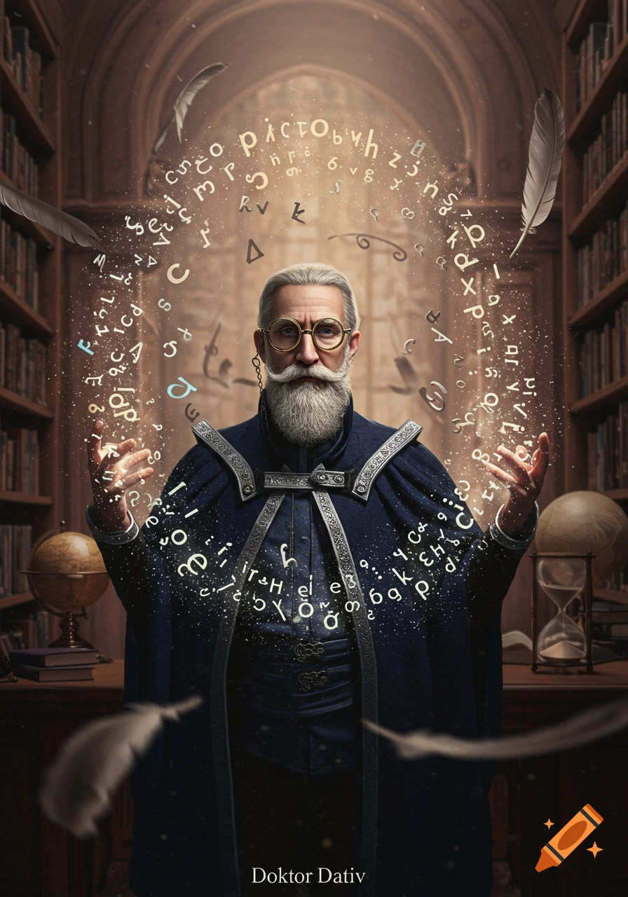 A grey-haired man with a long white beard and gold glasses wears a dark blue robe, raising his hands as glowing letters and symbols float around him in a magical library.