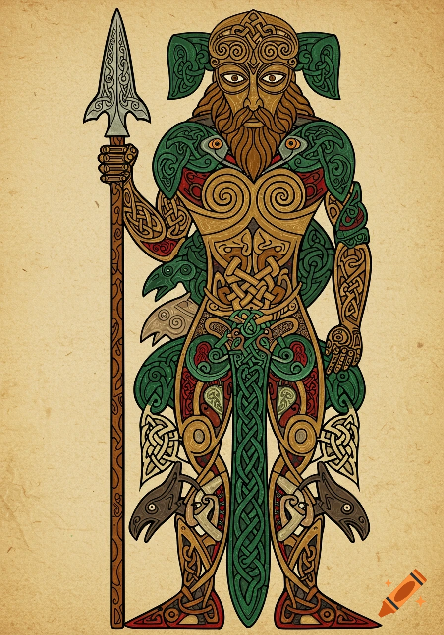 A full-body stylized figure of a Celtic warrior, Cú Chulainn, in the Book of Kells art style. The figure is composed of intricate spirals, interlace, and zoomorphic patterns in ochre gold, emerald green, and deep red, with black outlines, holding a decorated spear, against a textured beige background.