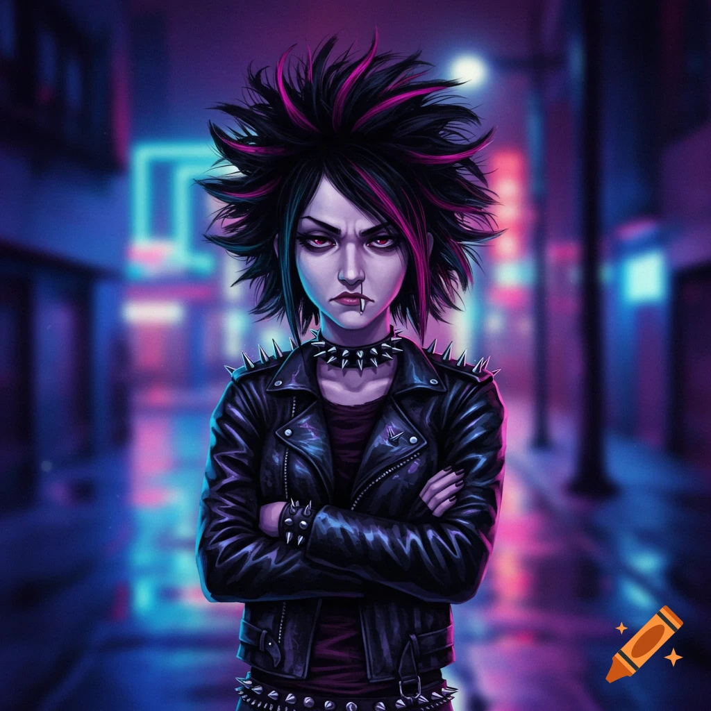 A digitally illustrated punk woman with spiky black and pink hair, a leather jacket, and a spiked choker, stands with crossed arms and a scowl in a neon-lit city at night.