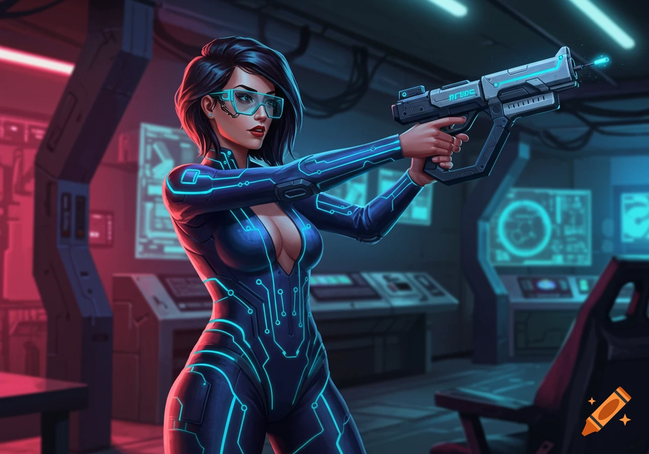 Stylized digital art of a woman in a neon-lit sci-fi suit and goggles, holding a futuristic gun in a control room.