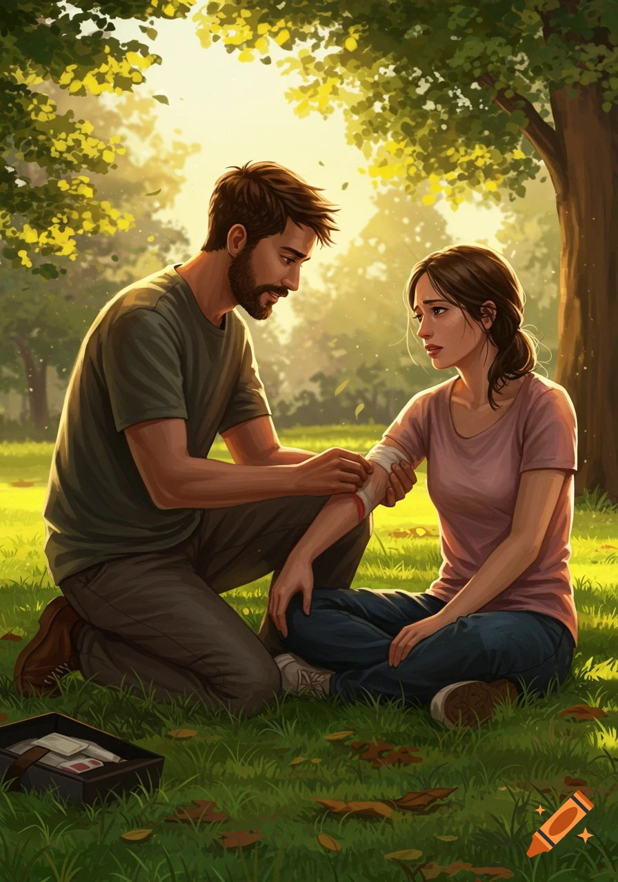A digital illustration of a man kneeling in a sunny park, gently bandaging a woman's cut arm as she sits on the grass.