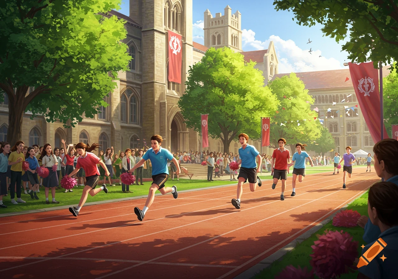 Illustrated scene of students racing on a track with spectators and cheerleaders on a school campus.