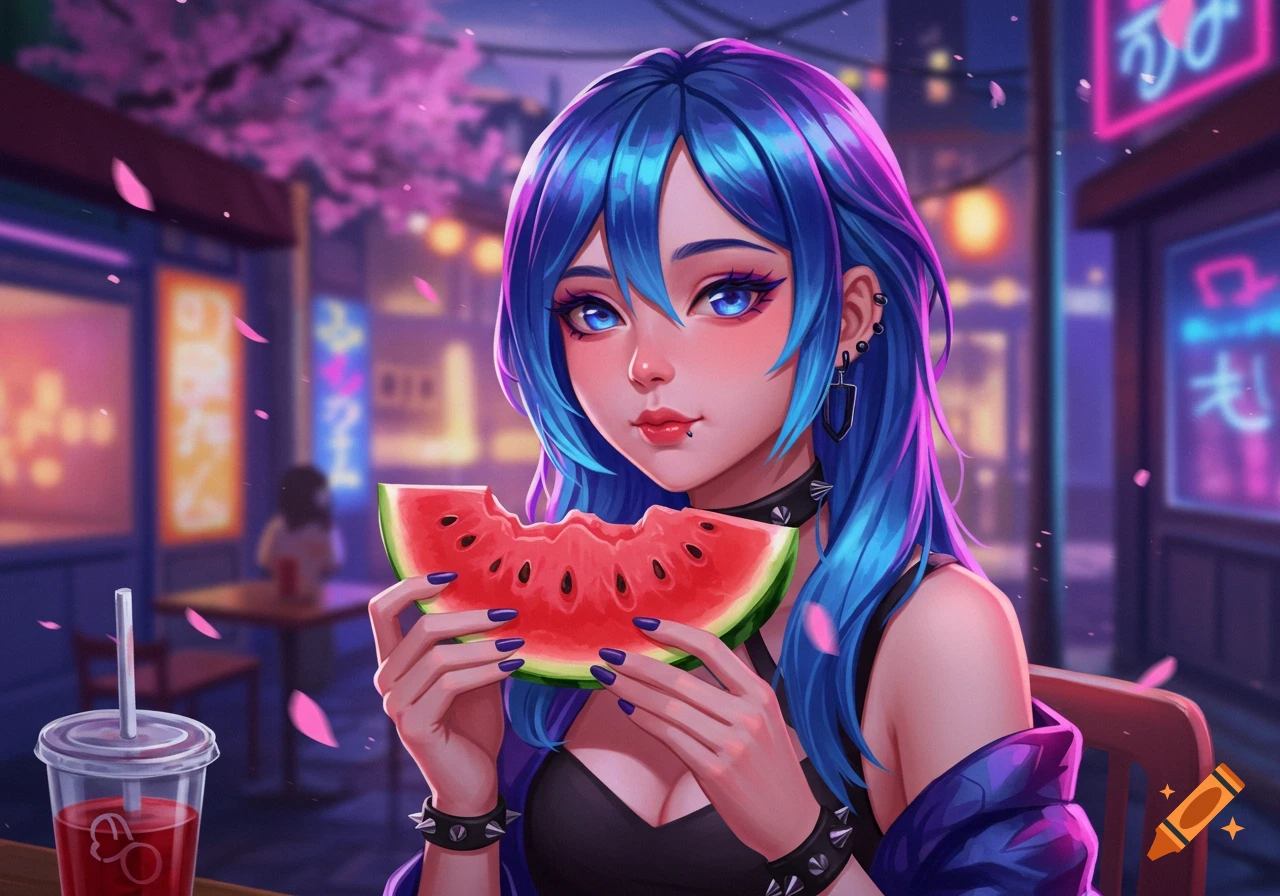 An anime girl with blue hair and glowing eyes eats a watermelon slice at night on a street with neon signs.