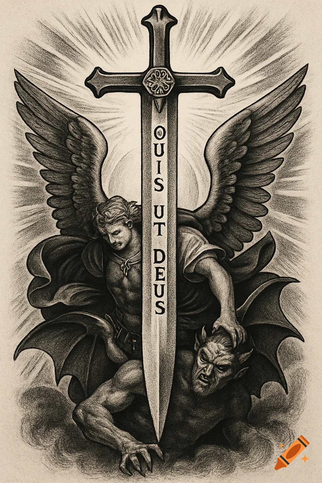 Monochrome pencil drawing of winged Archangel Michael piercing a horned devil with a sword inscribed 'Quis ut Deus'.