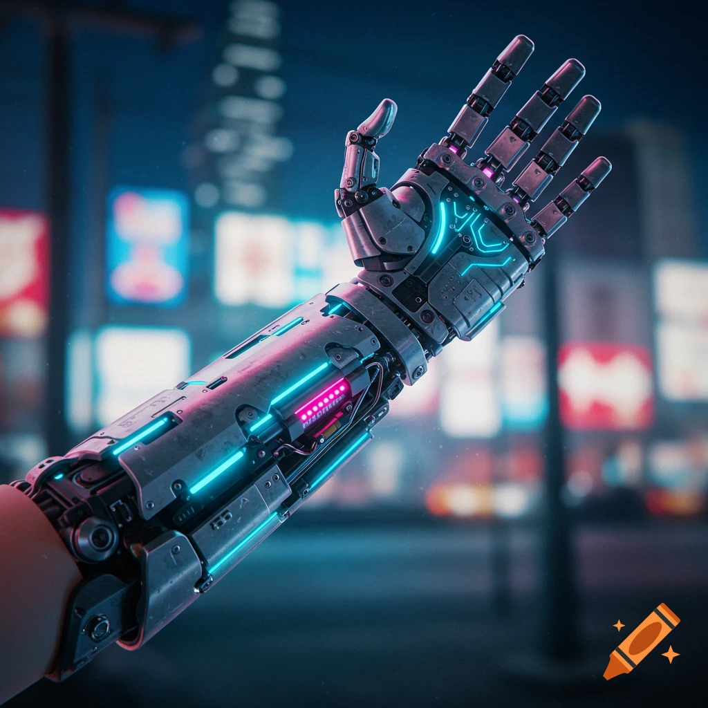 A detailed cybernetic arm glowing with neon lights, set against a blurred cyberpunk city background at night.