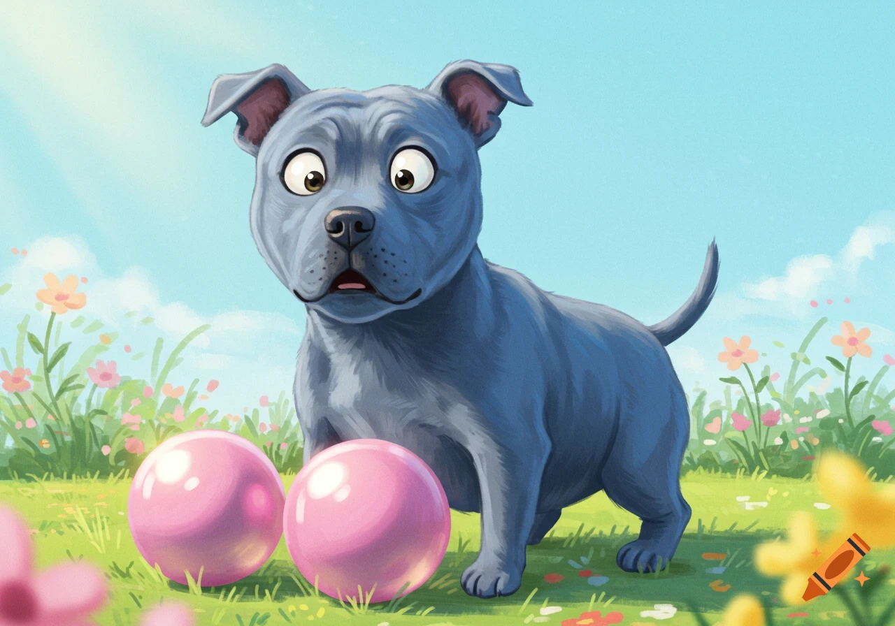 A cartoon blue Staffordshire Bull Terrier with a shocked expression stands next to two pink balls in a sunny, flowery field.