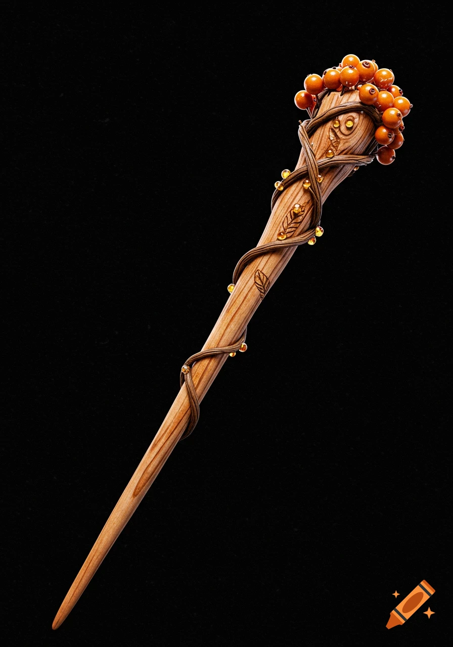 A slender wooden wand adorned with dark vines, carved leaves, amber beads, and a cluster of orange berries on a black background.