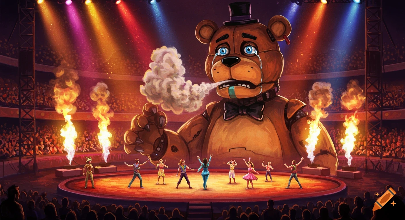 A giant, crying animatronic bear blows smoke on a circus stage with dancers, fire, and a crowd under bright spotlights.