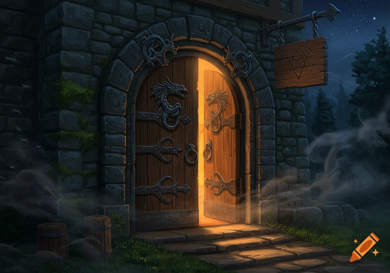A fantasy medieval tavern entrance at night, with light glowing from an open wooden door adorned with dragon carvings, set in a stone archway.