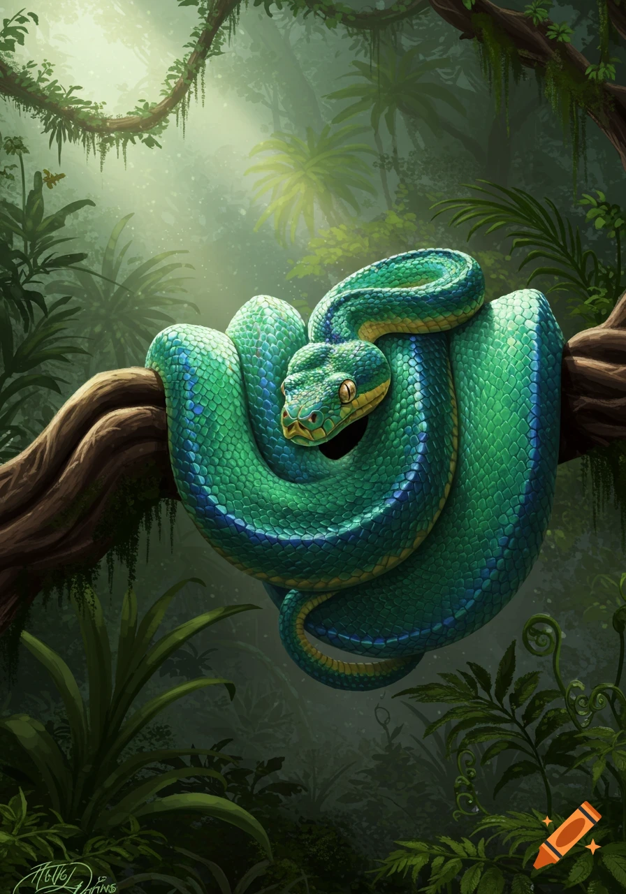 A vibrant green and blue snake coiled around a branch in a sunlit jungle, rendered in a detailed illustration style.