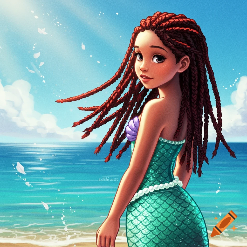 A cartoon illustration of a young mermaid with reddish-brown box braids, a purple seashell top, and a green scaled tail, standing on a beach.