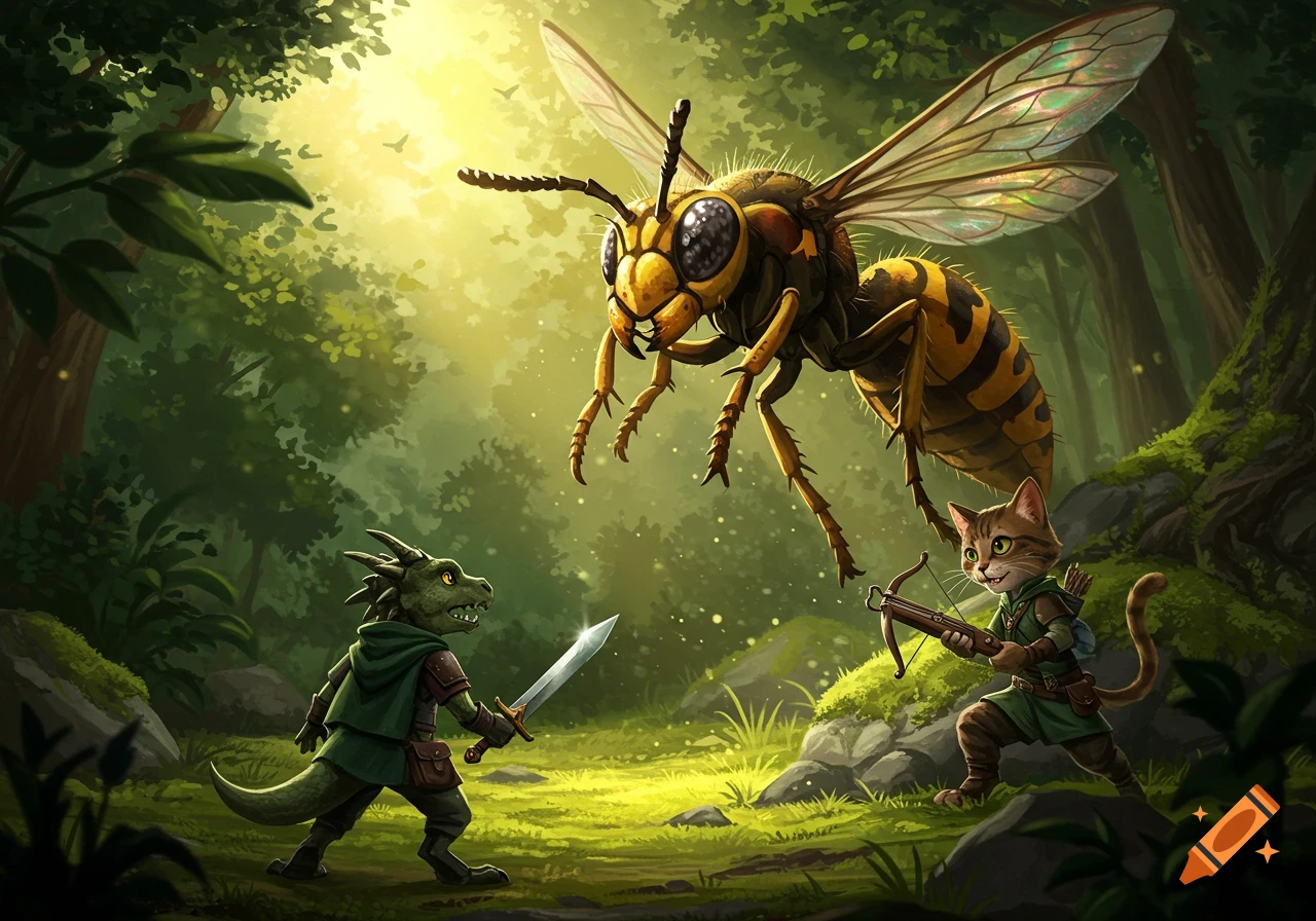 A brave kobold and a cat with a crossbow confront a giant wasp in a vibrant, sunlit fantasy forest, digital illustration.