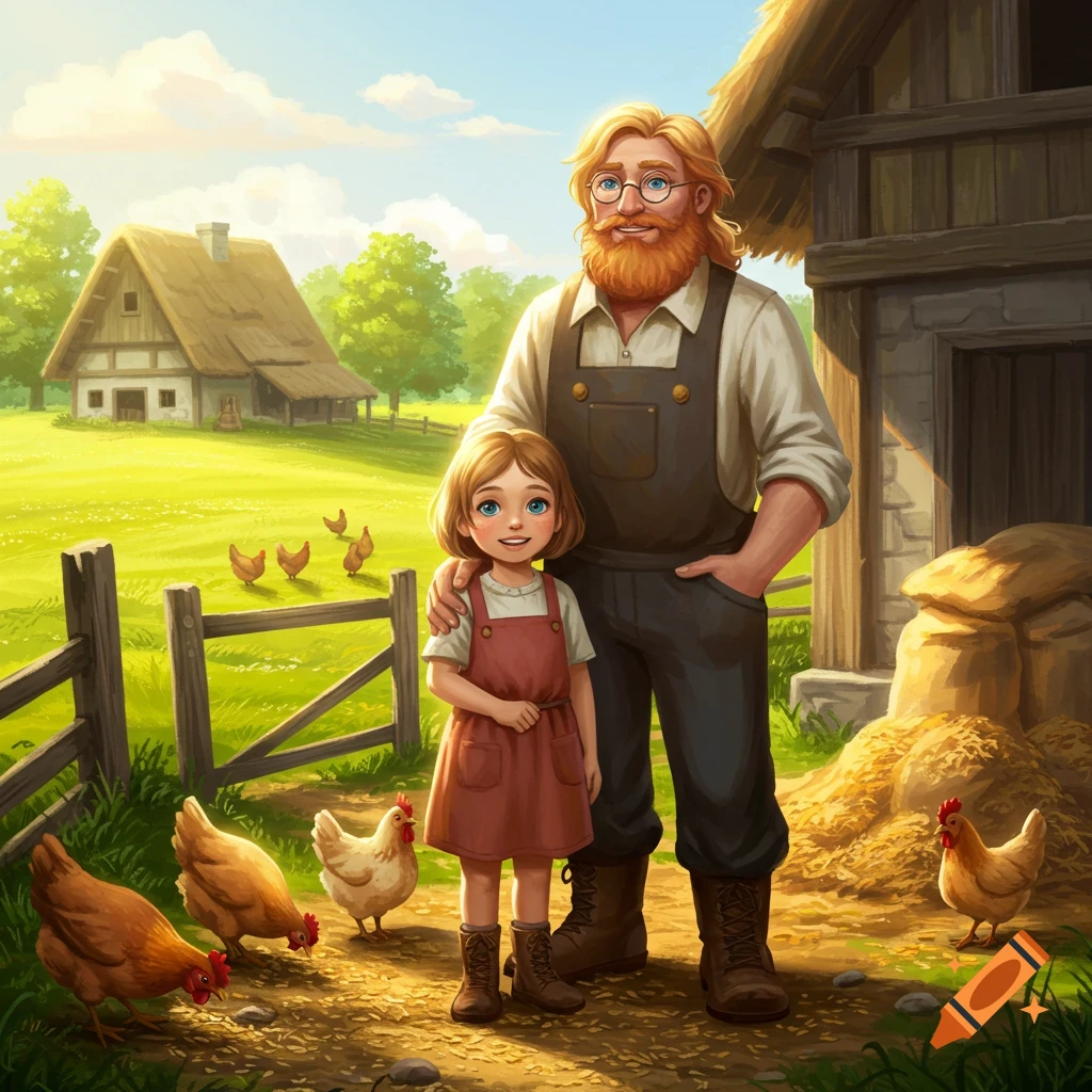 An illustrated scene of a man and a young girl standing on a sunny farm with chickens, a farmhouse, and a barn in the background.